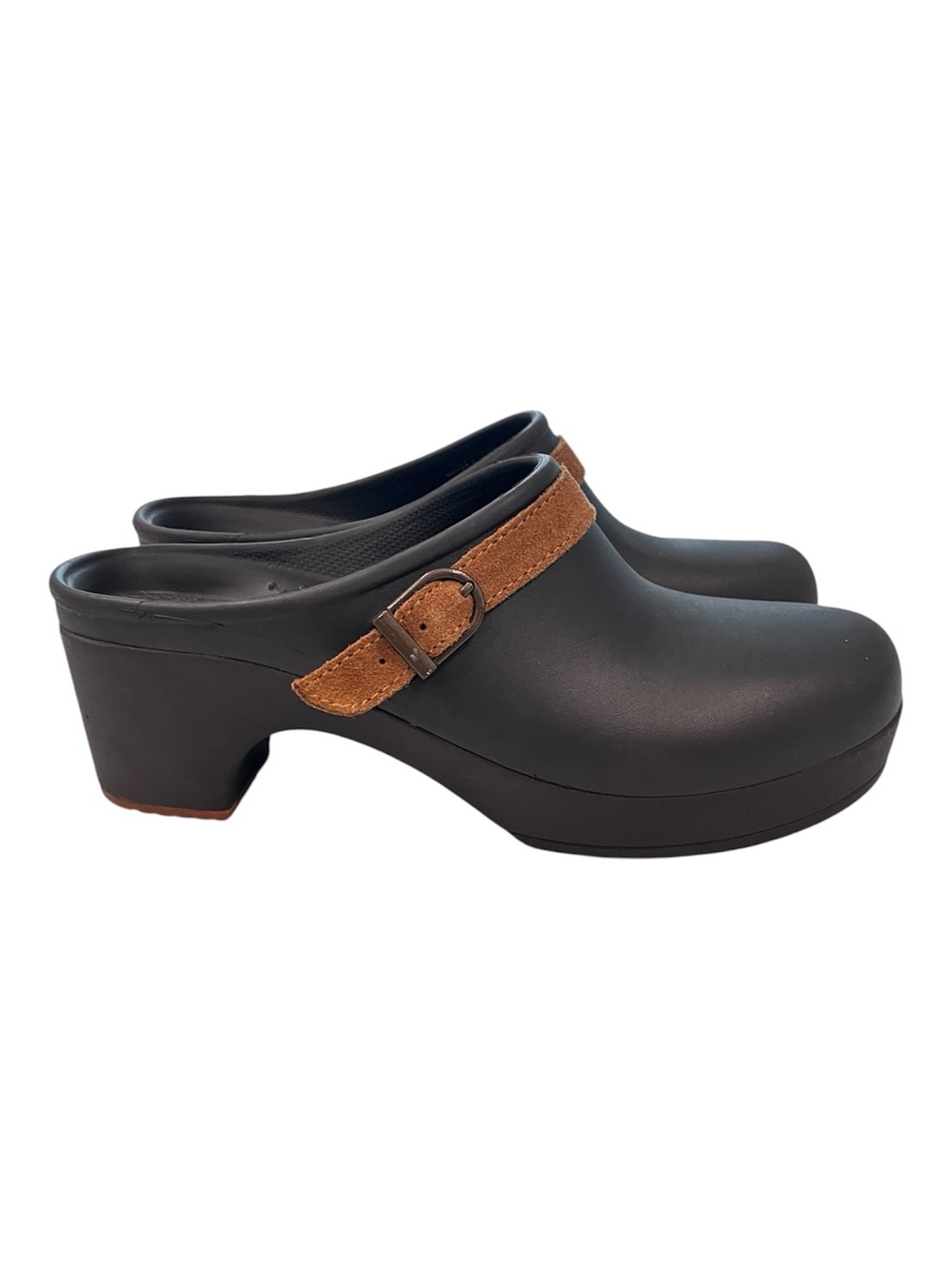 CROCS Black Clog Mules with Brown Suede Strap